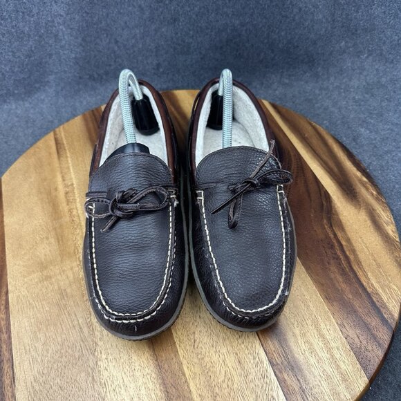 LL Bean Slippers Brown Leather Moccasins Womens 10 Shearling Handsewn 212985 - Picture 4 of 11